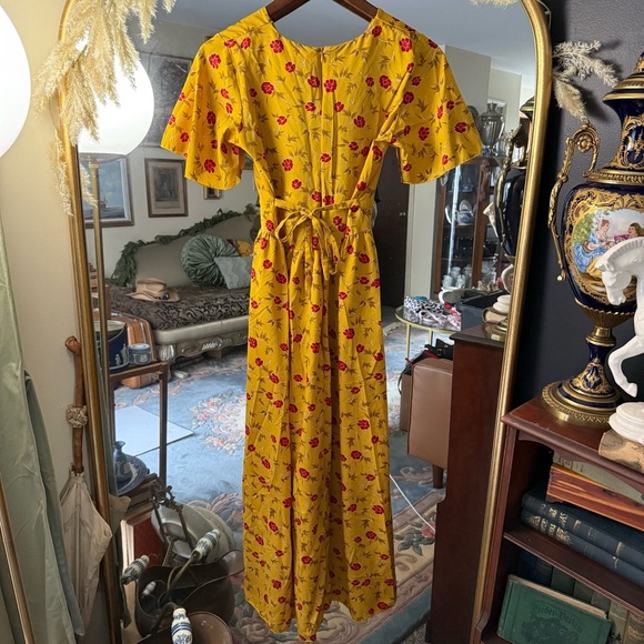 Floral Yellow and Red Handmade Lightweight Maxi Wrap Dress with Belt - Picture 4 of 9